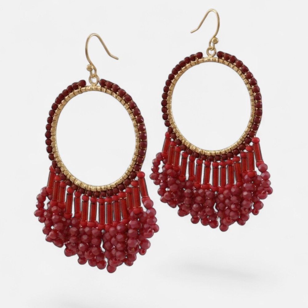 Red Beaded Hoop Dangle Earrings - Gold Accent